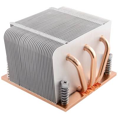Een warmteafvoerende behuizing van aluminium en koper met drie koperen heatpipes, gemonteerd op een koperen basis, wordt gebruikt voor warmteafvoer.