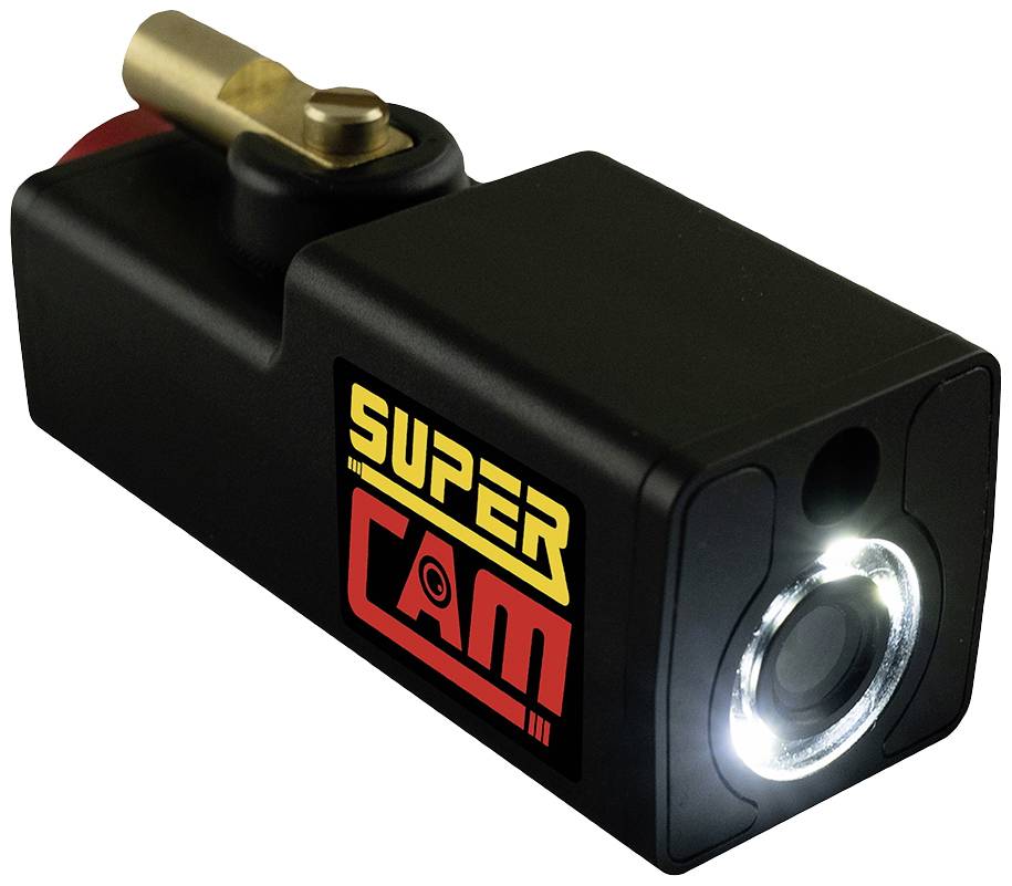 Zwarte camera met de opdruk 'SUPER CAM' aan de zijkant en een oplichtende lens, geschikt voor speciale opnamesituaties.