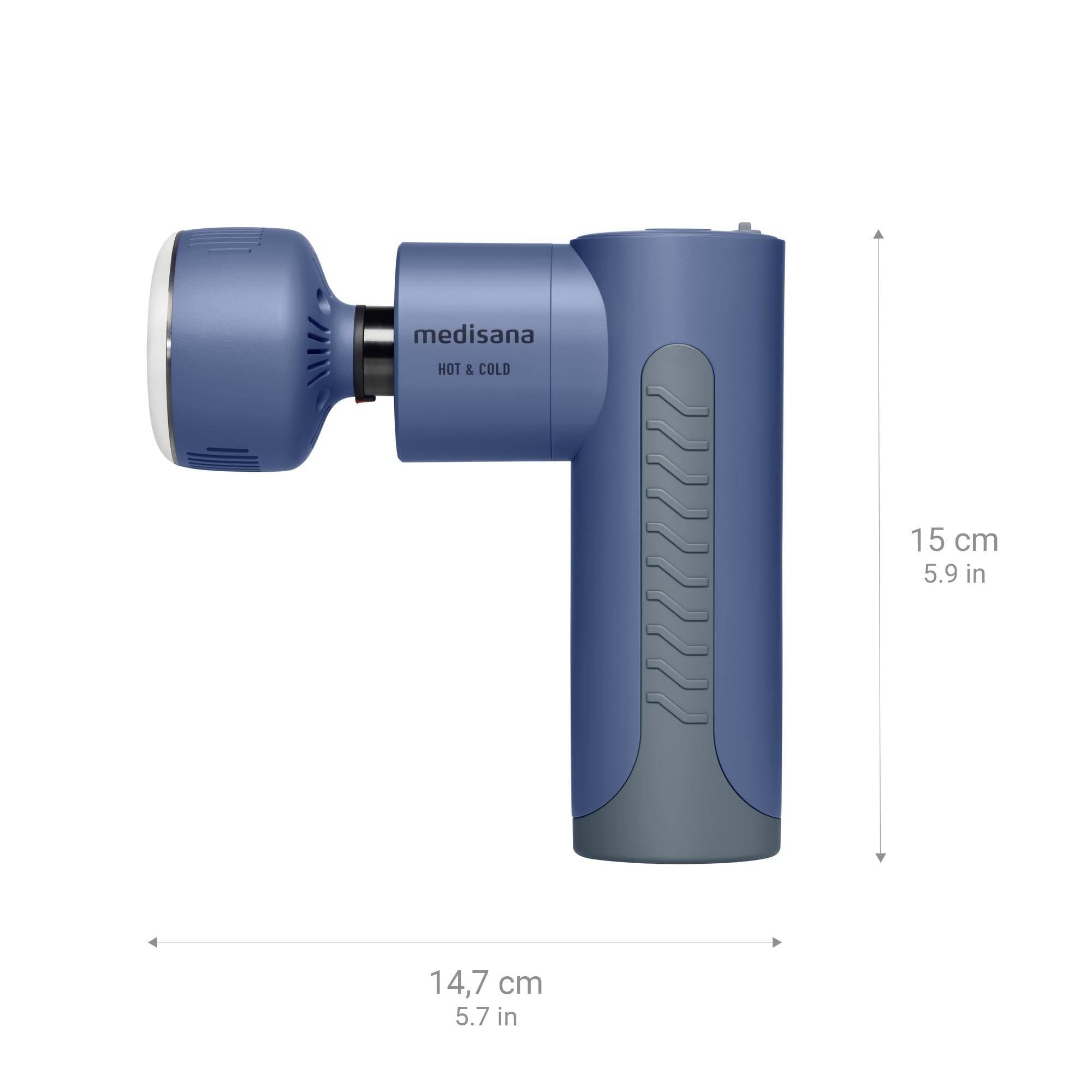 Blauwe massagetool met opzetstuk, handgreep en merknaam 'medisana'. Afmetingen: 14,7 cm lang en 15 cm hoog.