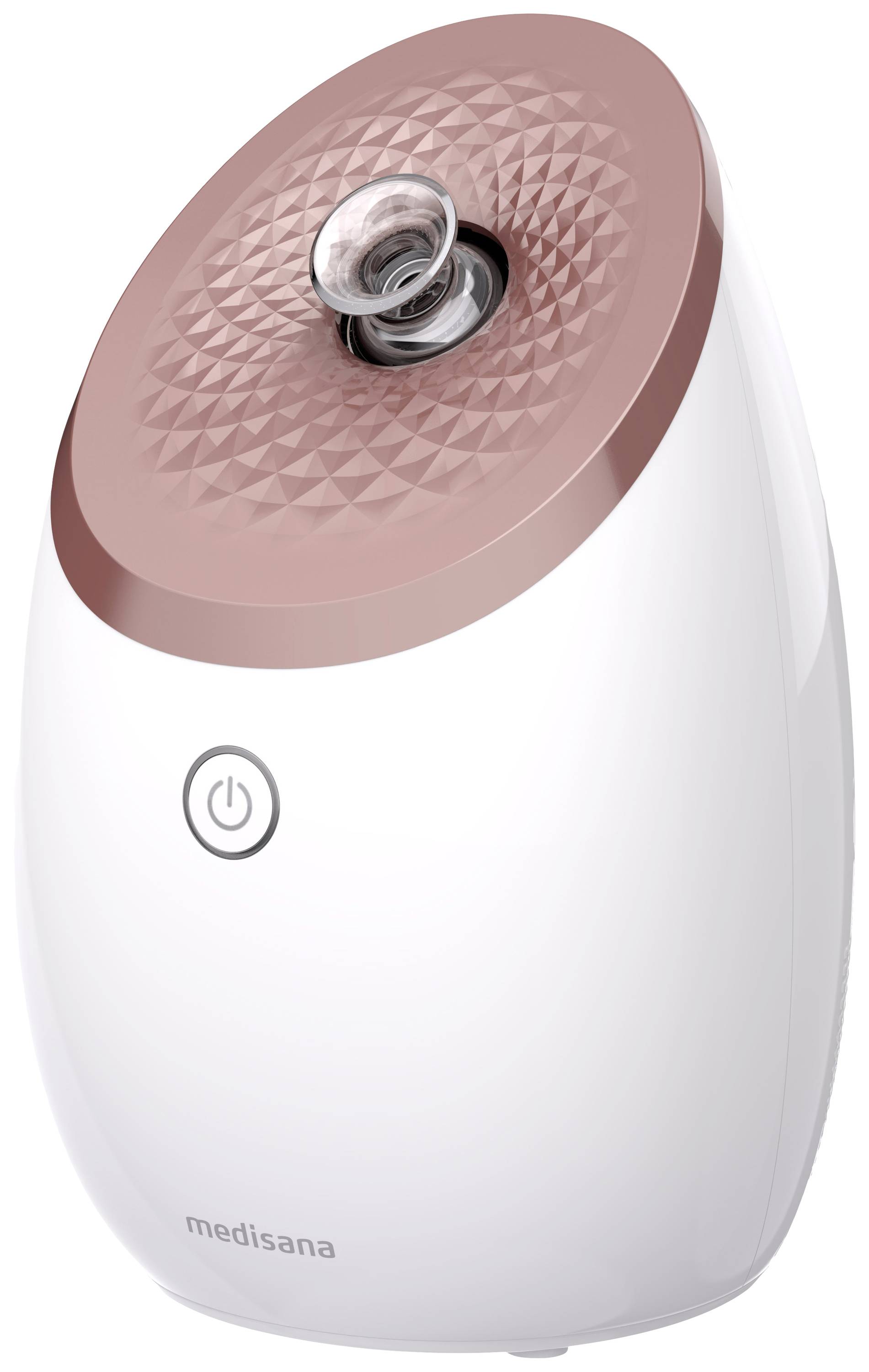 Een witte en roségouden gezichtssauna-stomer met een aan-/uitschakelaar aan de voorkant voor huidverzorging.