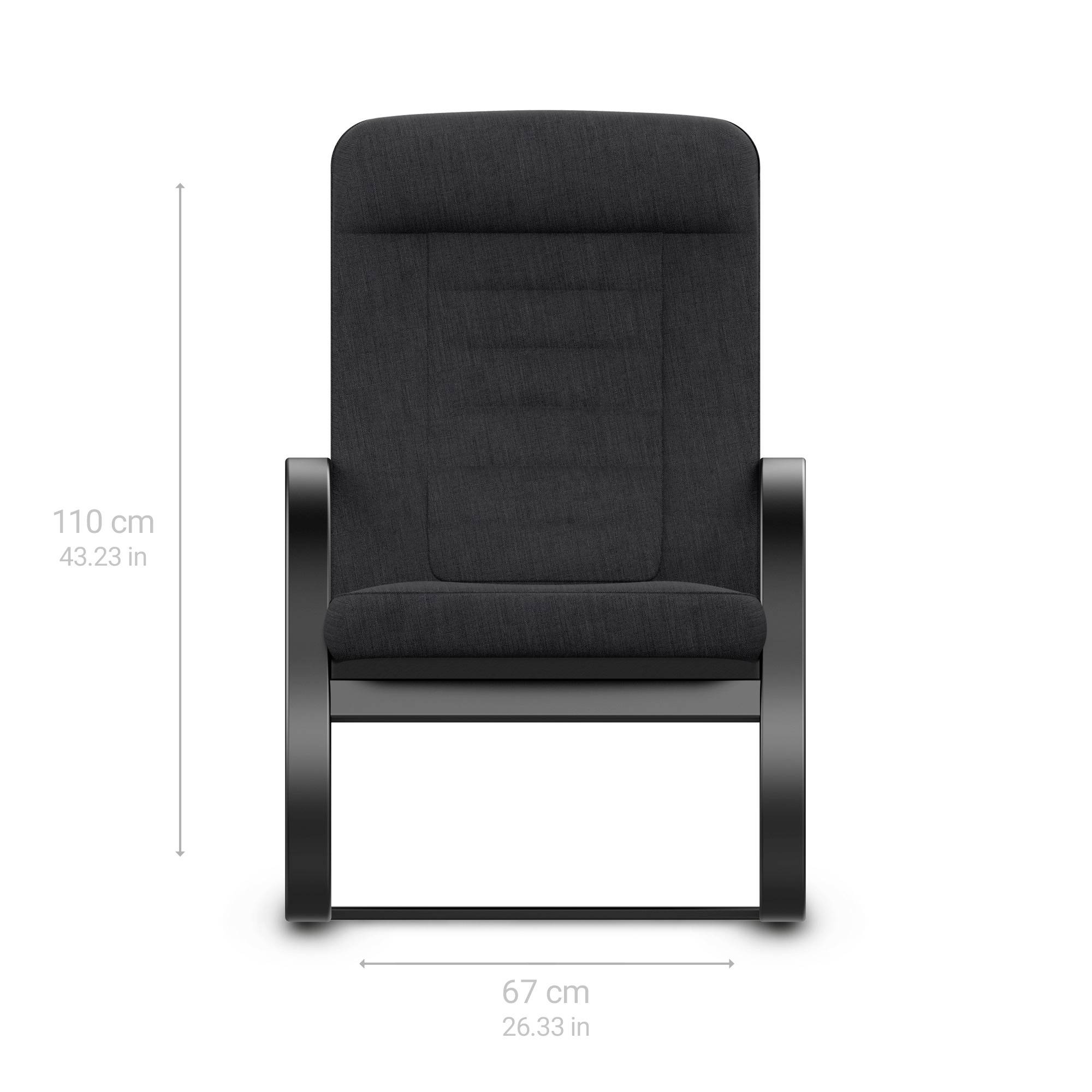Een zwarte stoel met armleuningen en een gewatteerde rugleuning, 110 cm hoog, 67 cm breed. Ontworpen voor comfort en modern design.