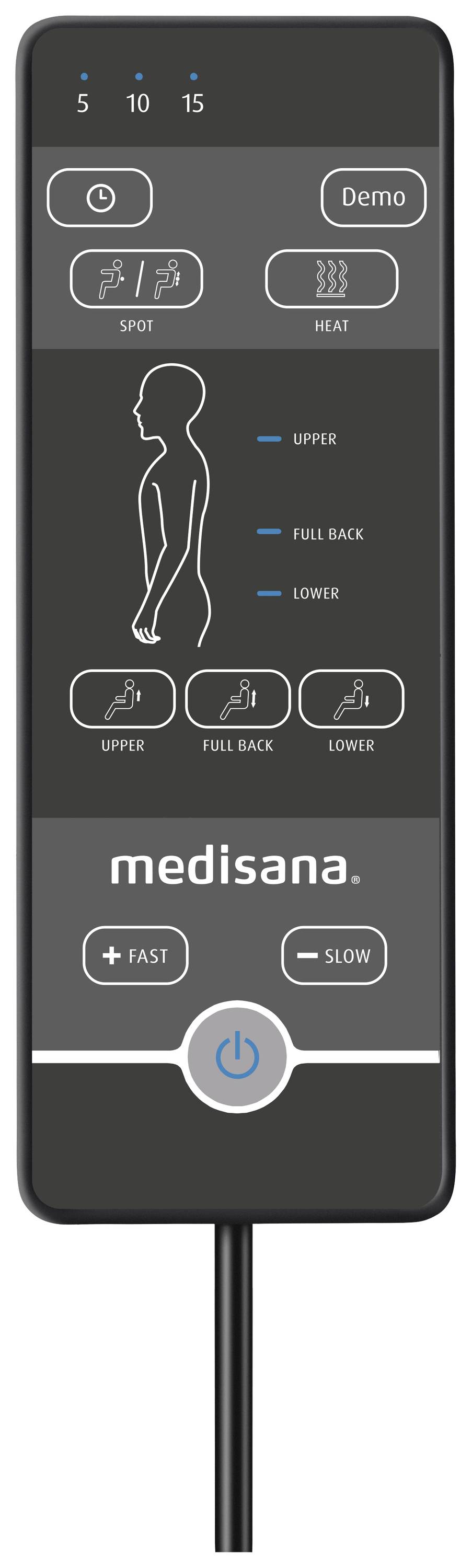 Afstandsbediening van een massageapparaat met toetsen voor snelheid, warmte, bovenrug-, hele rug- en onderrugmassage.