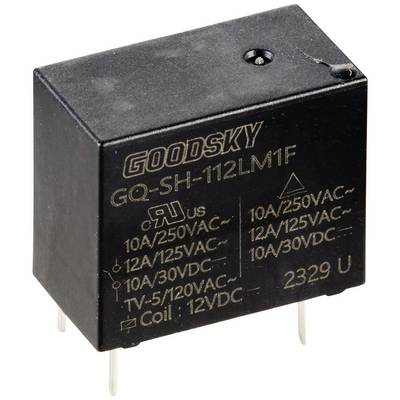 Een zwart elektronisch relais van Goodsky met modelnummer 'GQ-SH-112LM1F', toont verschillende spanning- en stroomspecificaties.