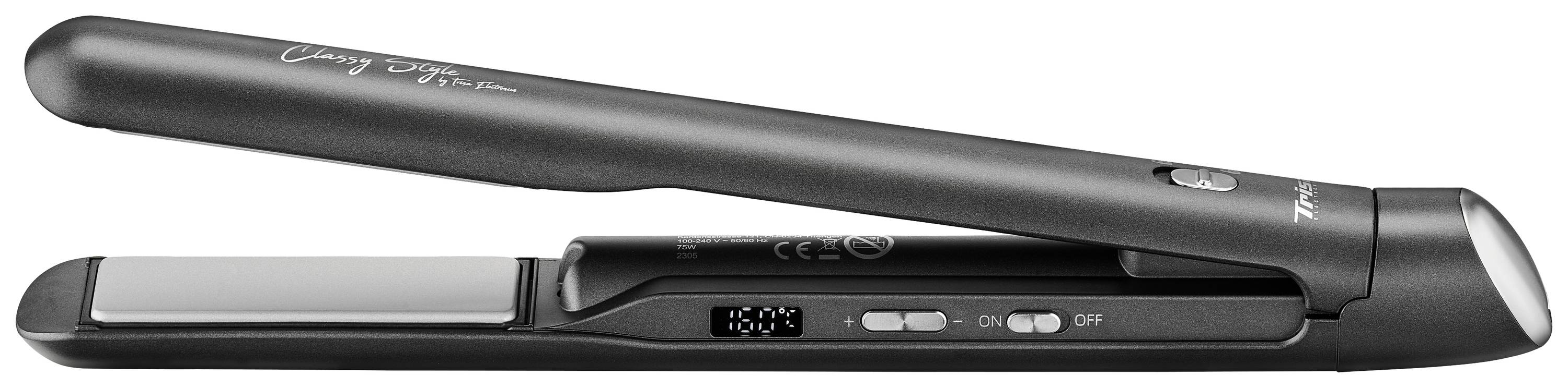 Een zwarte stijltang met digitale temperatuurweergave en temperatuurregeling, liggend op een glad oppervlak.