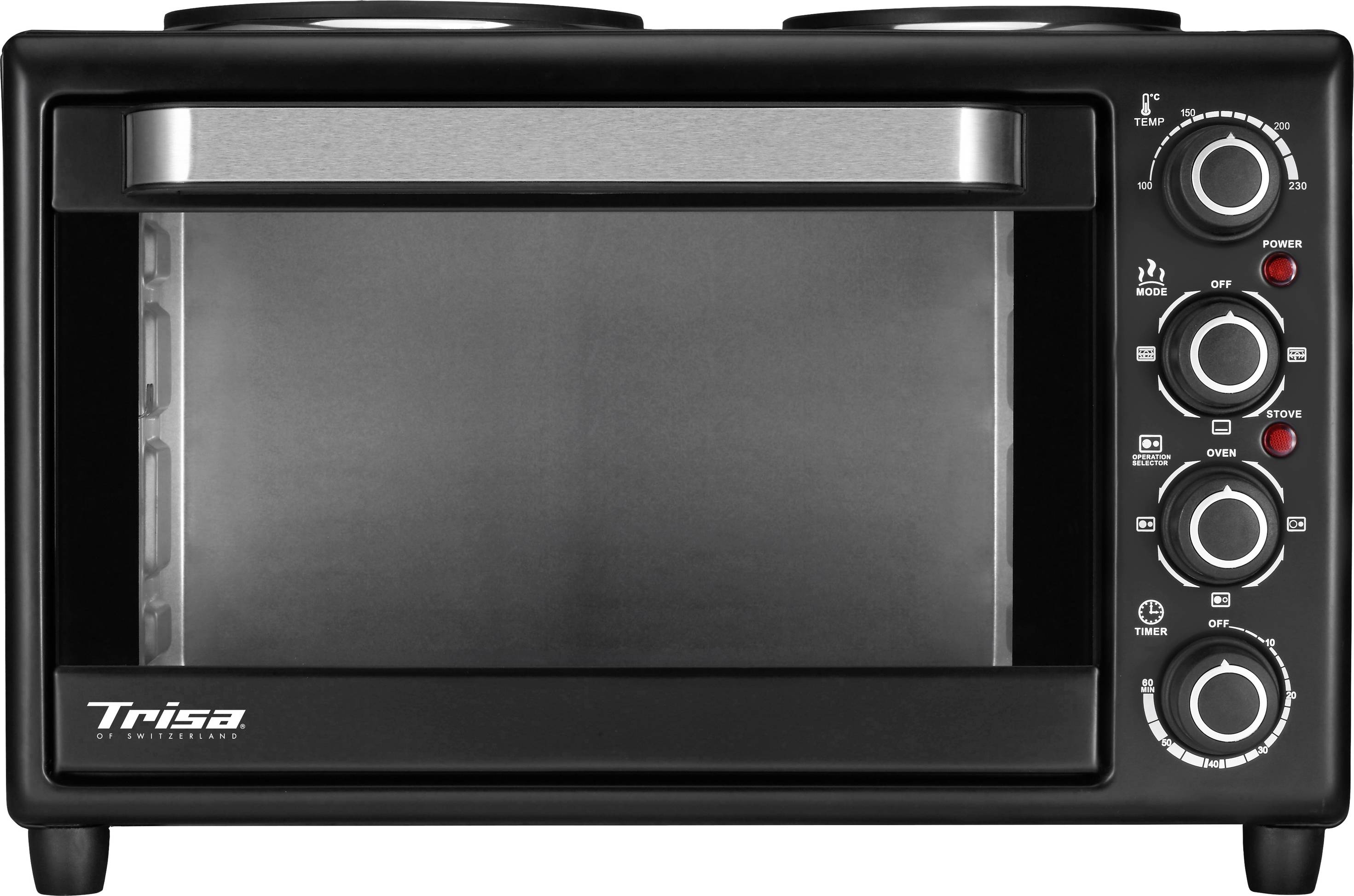 Een zwarte tafeloven met glazen deur en meerdere draaiknoppen aan de rechterkant voor temperatuurinstelling en tijdsbeheer.