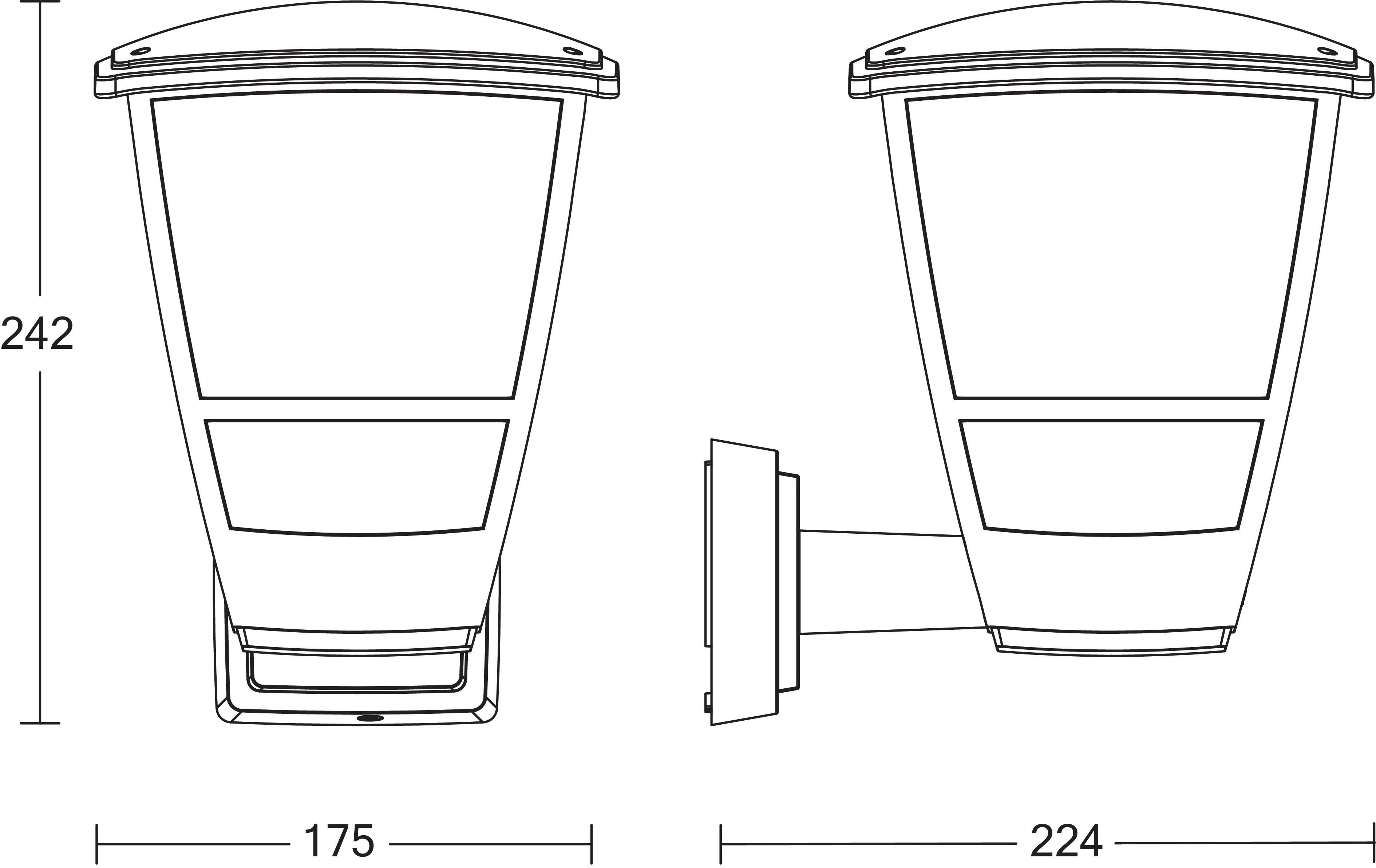 'Technische tekening van een wandlamp': Links zijaanzicht, rechts vooraanzicht met afmetingen 242x175mm en 224mm diepte.