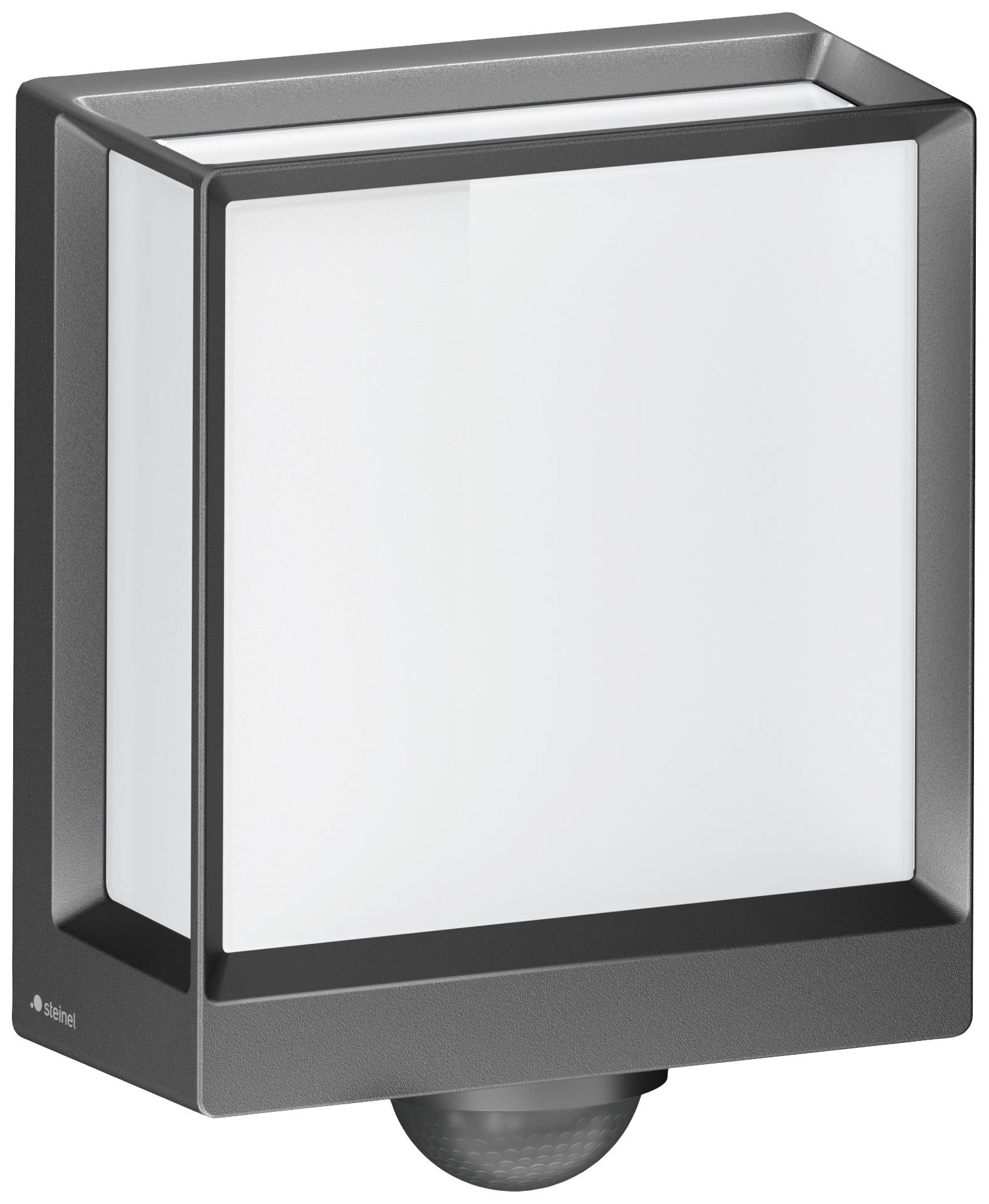 Een moderne, hoekige bewegingsmelder met een witte, opake lichtdiffuser en een zwarte omlijsting. Ideaal voor buitenverlichting.