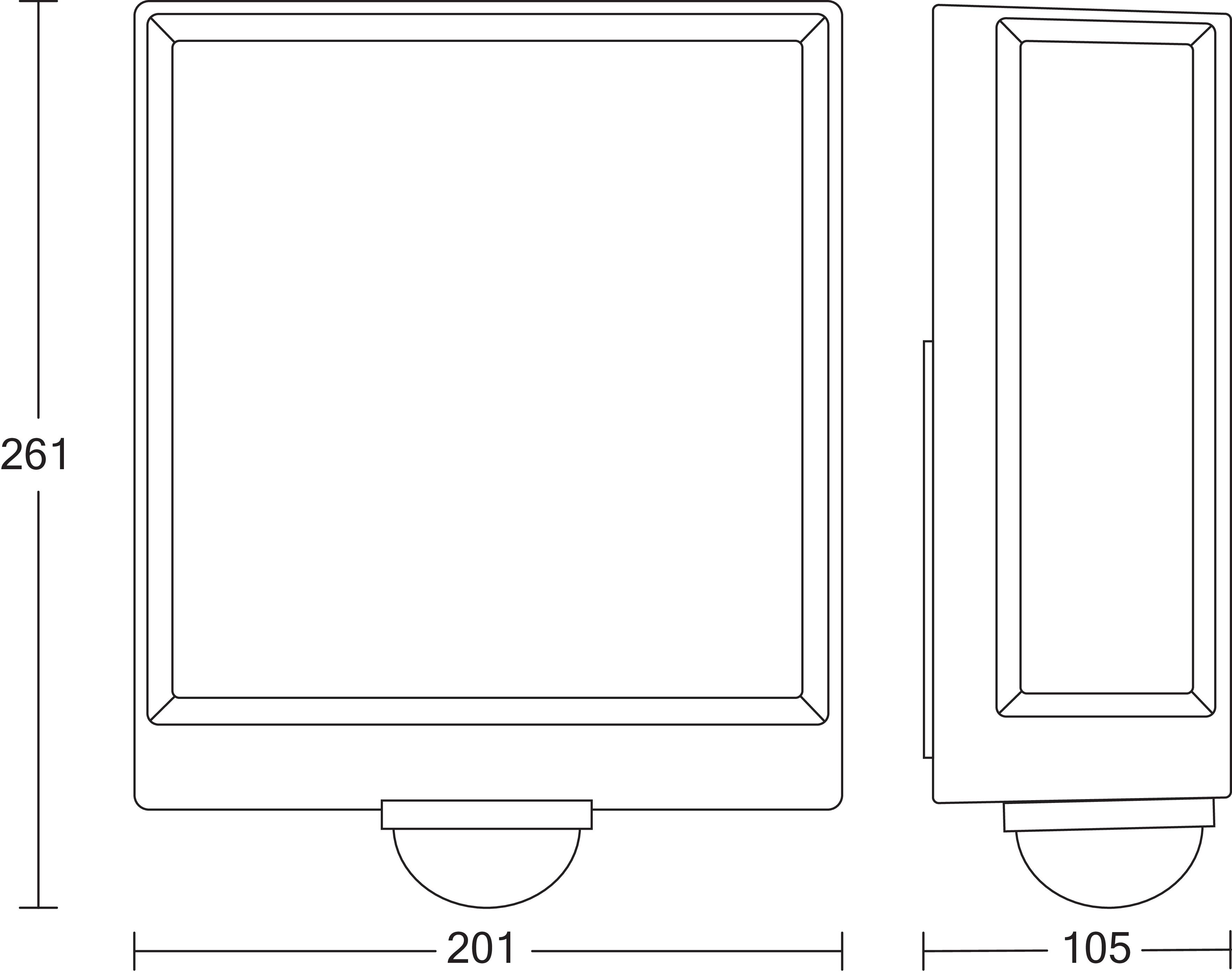 Diagram van een vierkante sensor met afmetingen: hoogte 261 mm, breedte 201 mm, diepte 105 mm. Toont voor- en zijaanzicht.