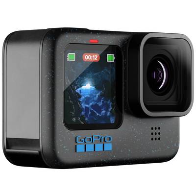 Een zwarte actiecamera met display toont een grottekening. Op het scherm staat '00:12'. GoPro-camera met blauw logo.