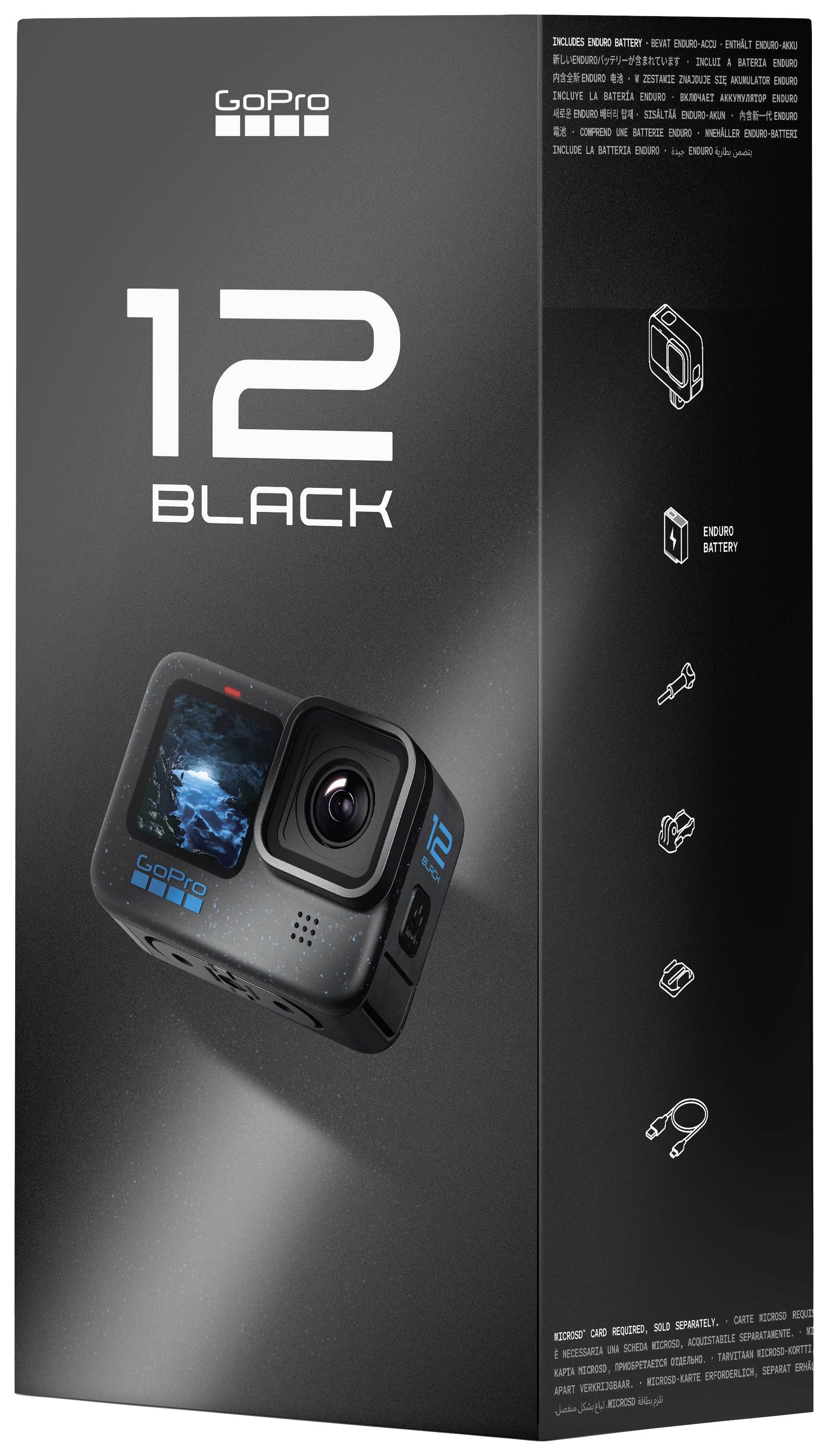 Verpakking van een GoPro-camera '12 Black'. Toont het cameraontwerp, gemarkeerde functies en symbolen voor accessoires en kenmerken.