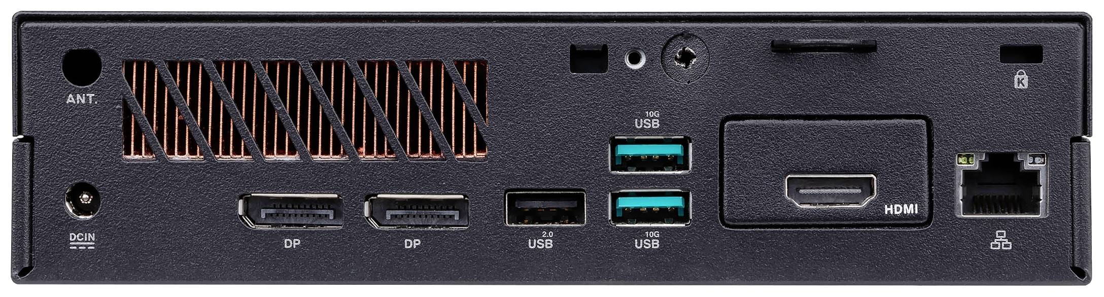 Achterkant van een computer met aansluitingen: twee DisplayPorts, Ethernet, HDMI, drie USB-poorten en een voedingsaansluiting.