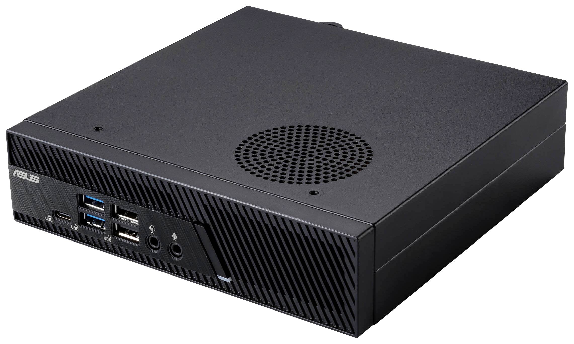 Een zwarte mini-pc met meerdere USB-poorten en een ventilatierooster aan de bovenkant.