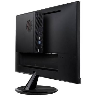 Achterzijde van een zwarte monitor met geïntegreerde mini-pc, waarbij verschillende aansluitingen zichtbaar zijn.