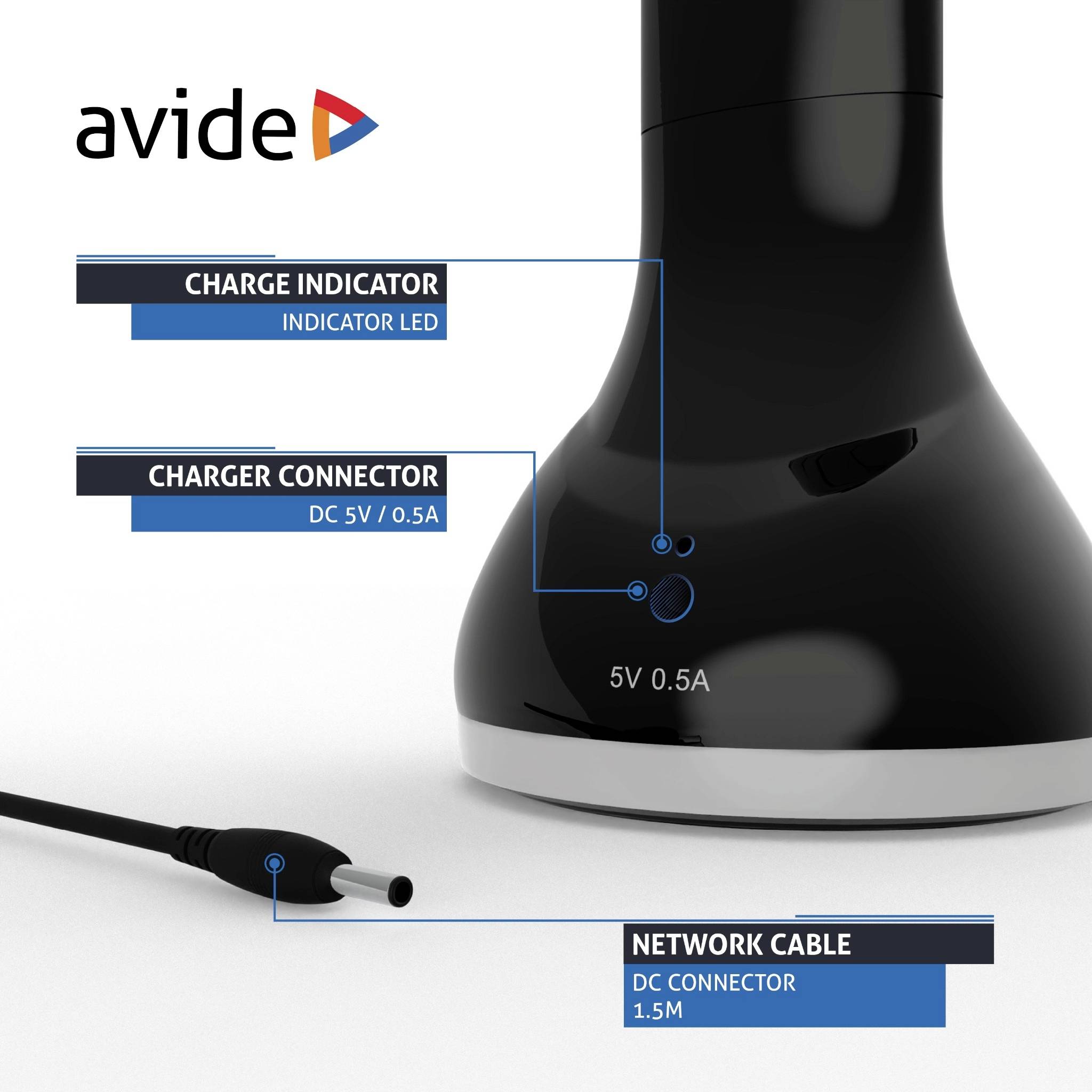 'Avide'-merklader met LED-laadaanduiding. Aansluitingen voor 5V 0,5A netwerk en DC-stekker. Zwart, modern design.