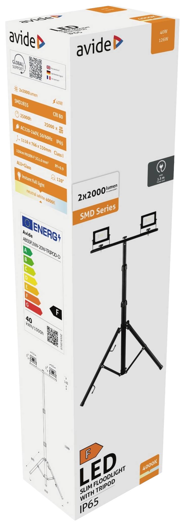 Verpakking van een LED-schijnwerper met statief van het merk 'avide'. Toont productafbeelding, technische specificaties en energie-efficiëntieklasse.