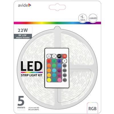 LED Strip Verlichting Set, 22W, 5 Meter, 150 LED's, RGB, inclusief afstandsbediening met kleuren en standen. Voeding DC 12V.