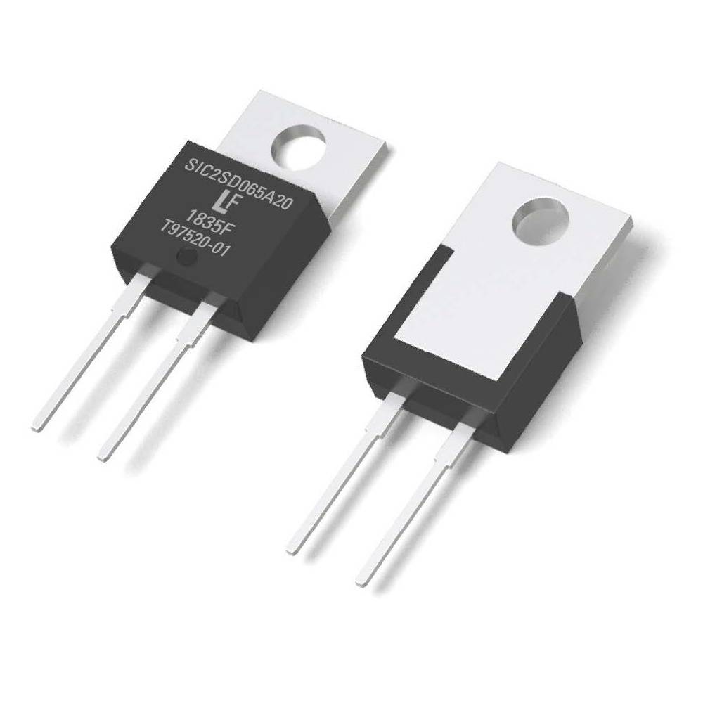 Twee elektronische componenten met drie aansluitingen. Opschrift: 'SIC25D065A20' en '1835F T917520.01'. Zwarte behuizing met metalen plaat.