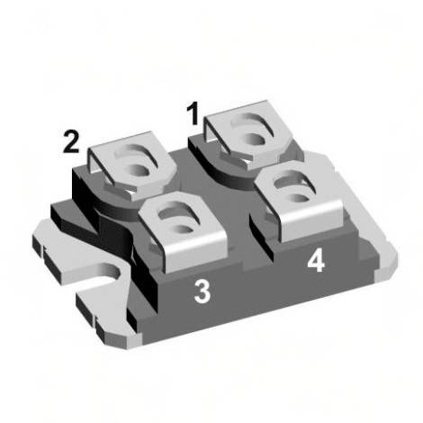 Een rechthoek met vier genummerde contacten (1-4) in een 2x2-configuratie. Elk contact is verheven en glanzend weergegeven.