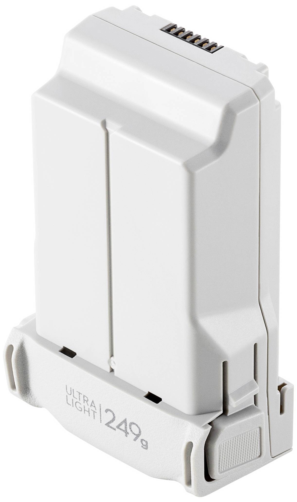 Een witte dronenbatterij met het opschrift 'Ultra Light 249g'. De batterij heeft aansluitingen bovenaan en een ontgrendelingsmechanisme.