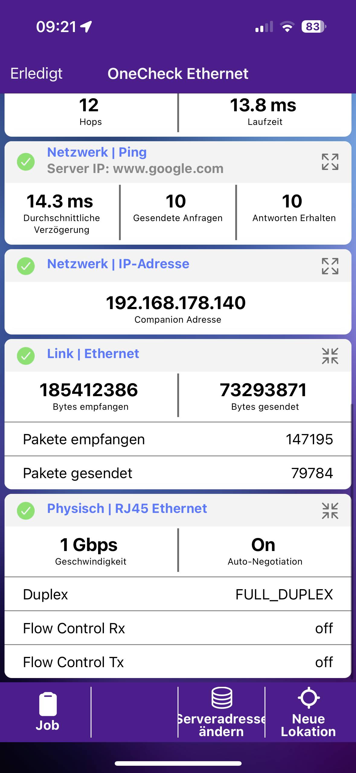 'Een netwerkrapport toont details over netwerk-ping en IP-adres, link-gegevensoverdracht en fysieke verbinding via RJ45-Ethernet.'