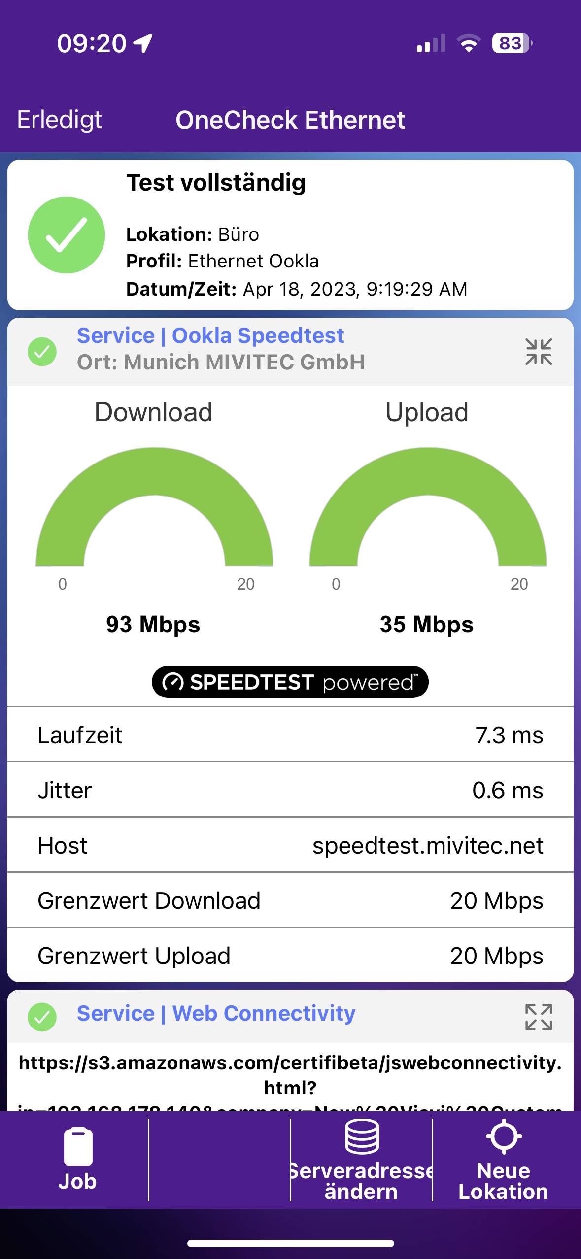 'Test volledig' toont snelheidsresultaten: Download 93 Mbps, Upload 35 Mbps. Locatie kantoor, Datum/Tijd: 18 april 2023, 09:19.