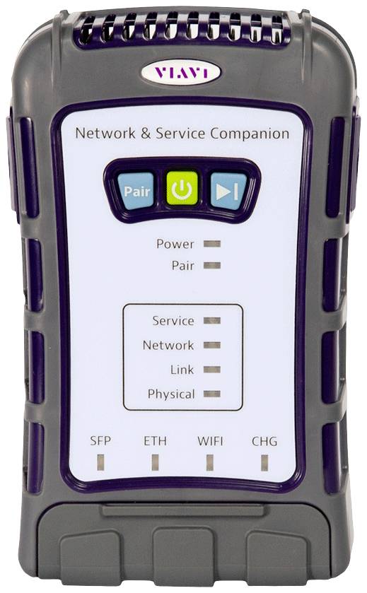 Een draagbaar apparaat voor netwerk- en servicecontrole met toetsen en LED-indicatoren voor Power, Pair, Service, Network, Link en Physical.