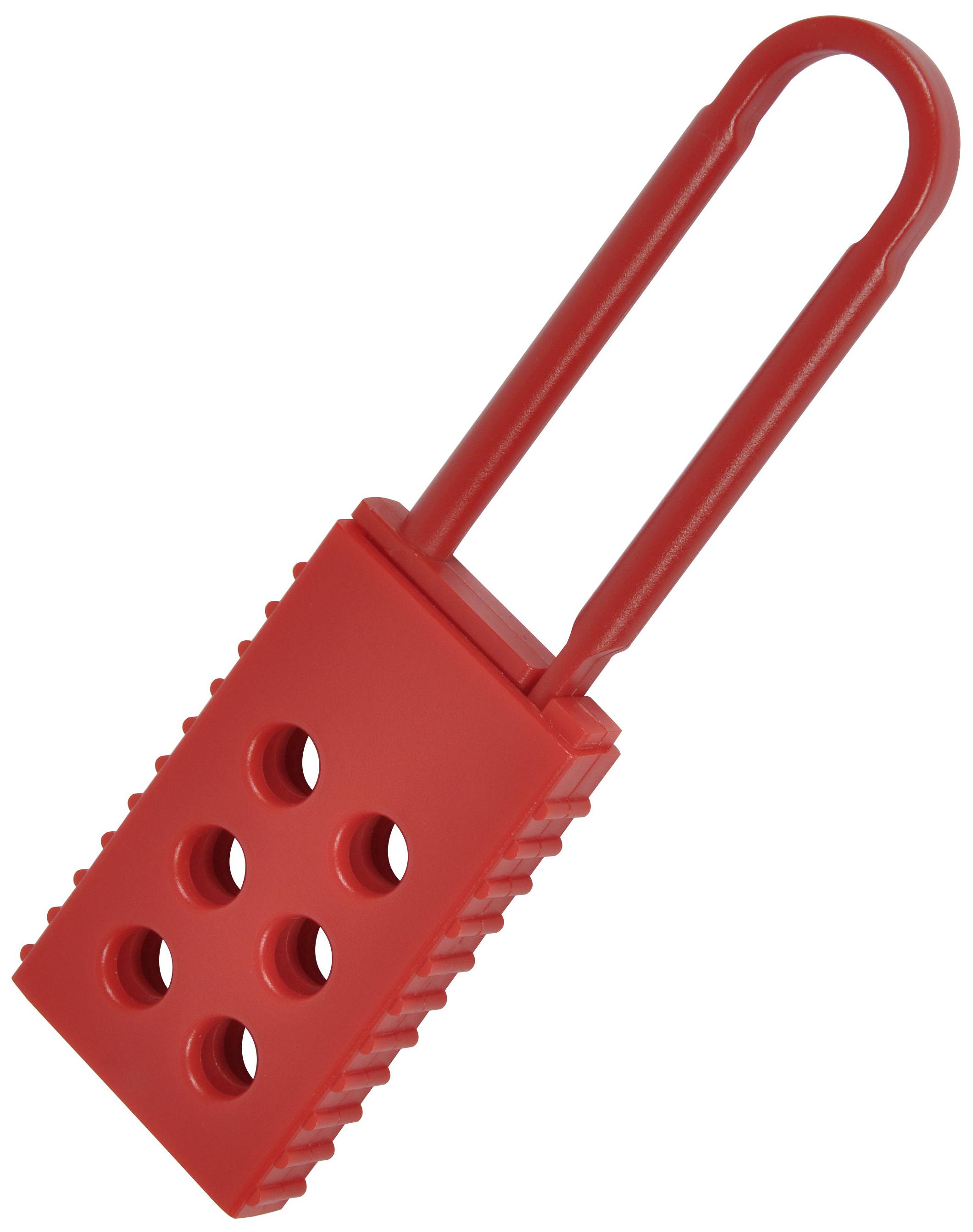 Een rood hangslot met een bandenprofiel en zes ronde gaten in de behuizing, dat dienst doet als beveiligingsapparaat.
