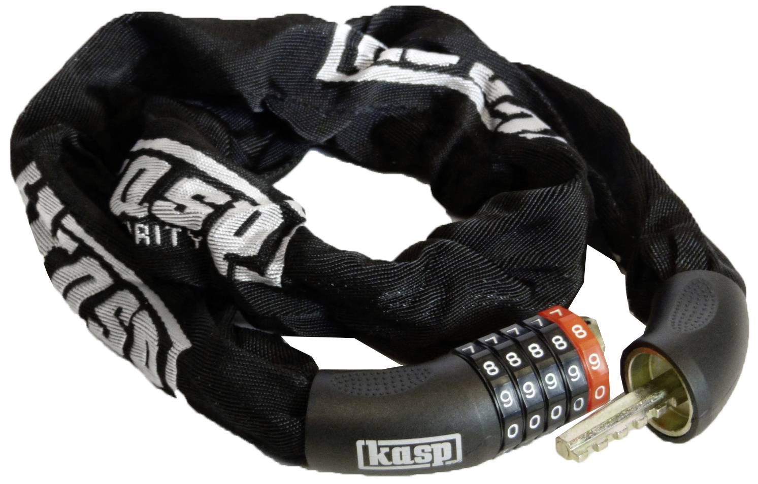 Een zwart veiligheidskabelslot met nummercode en sleutel om fietsen te beschermen tegen diefstal.