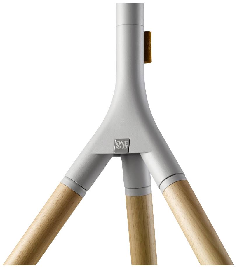 Een statief met een driepoot van hout, verbonden door een zilveren metalen beugel met de opdruk 'One For All'.