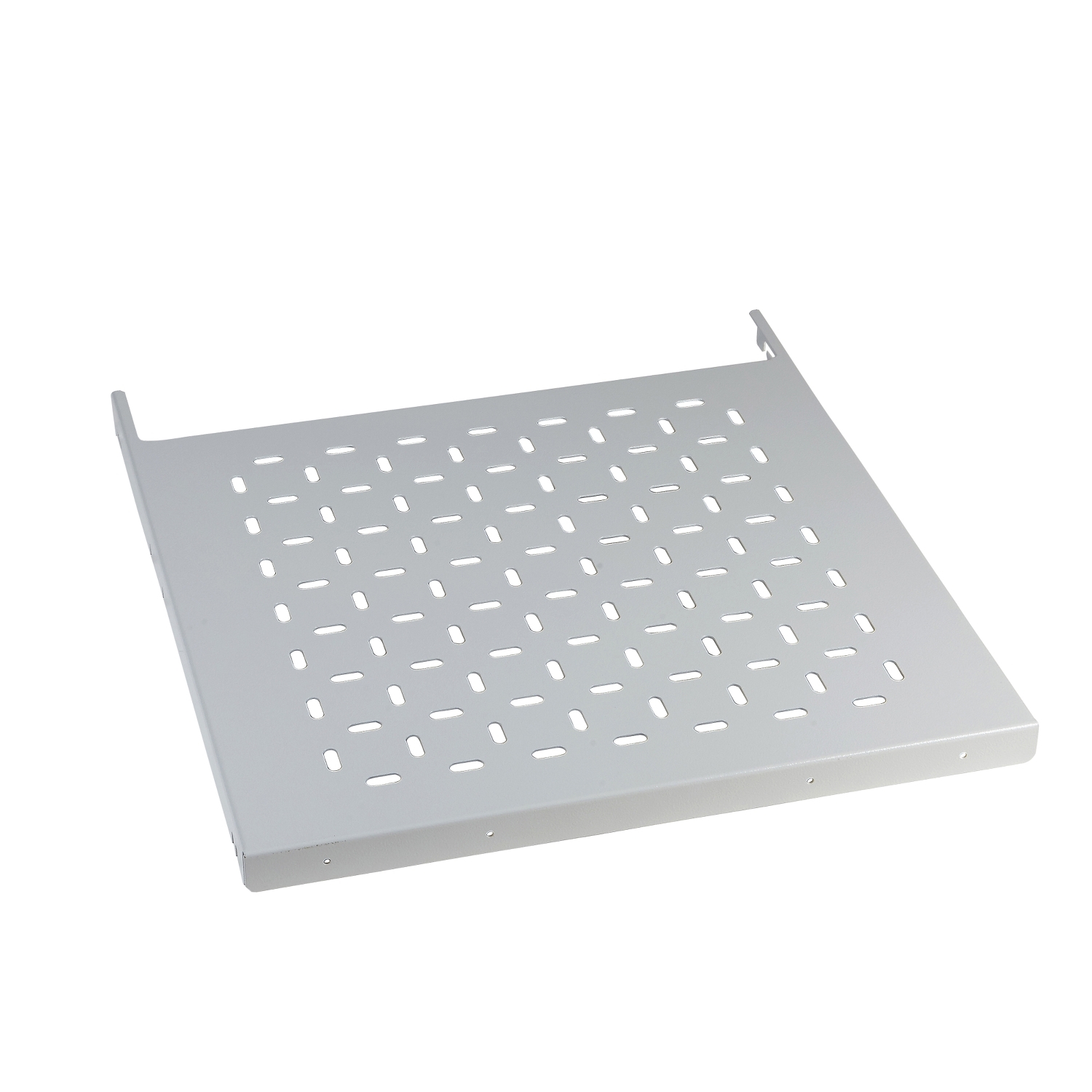 Een wit, rechthoekig metalen rek met geperforeerde oppervlakte, geschikt voor ventilatie of opslag.
