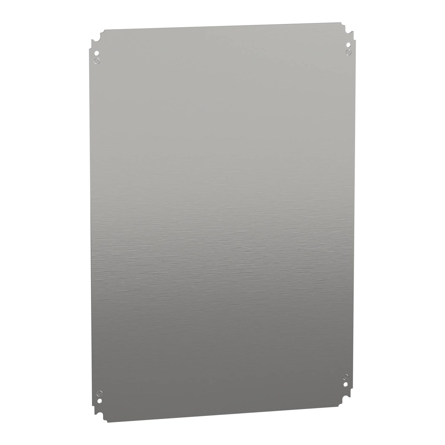 Een rechthoekig metalen plaatje met een gladde oppervlakte en licht afgeronde hoeken.