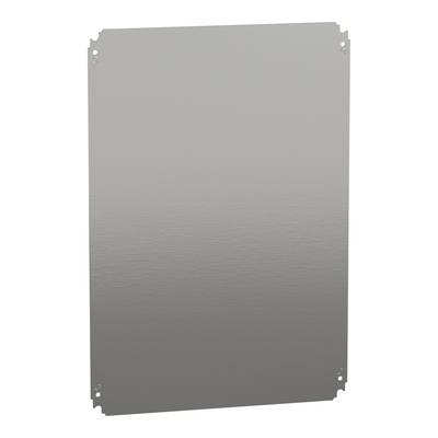 Een rechthoekig metalen plaatje met een gladde oppervlakte en licht afgeronde hoeken.
