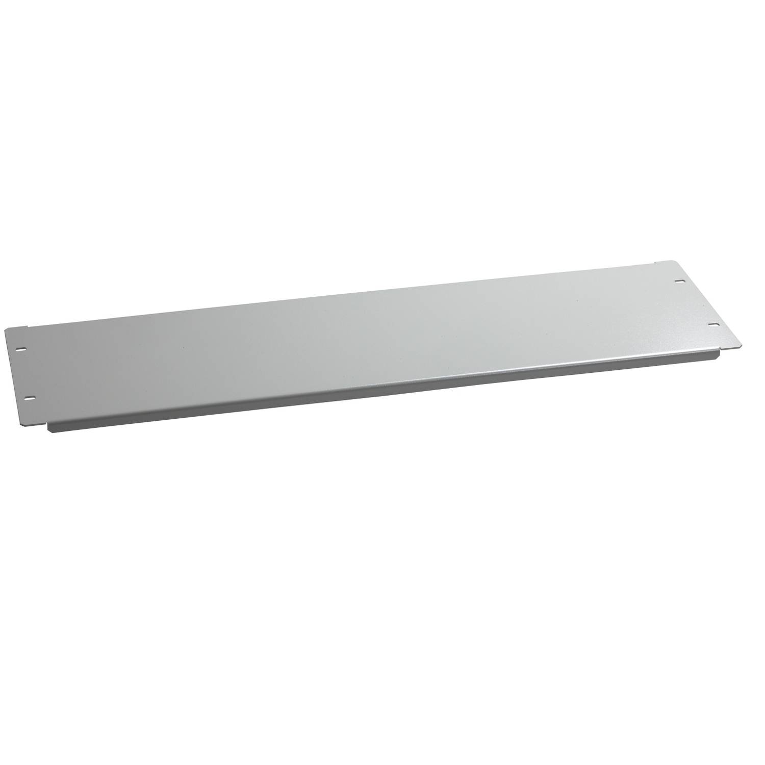 Een rechthoekig, metalen plankpaneel met afgeronde hoeken en bevestigingsgaten aan de uiteinden.