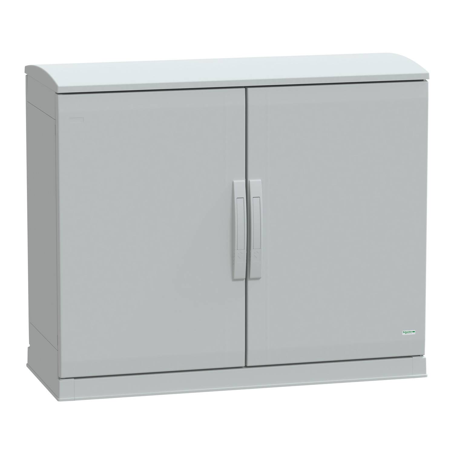 Een grijze metalen kast met twee deuren en handgrepen, staand op een gladde oppervlakte. Ideaal voor opslag binnen of buiten.