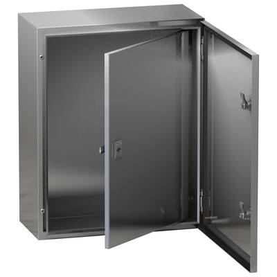 Open grijze metalen kast met twee deuren, die naar rechts zijn geopend, toont een lege binnenkant.