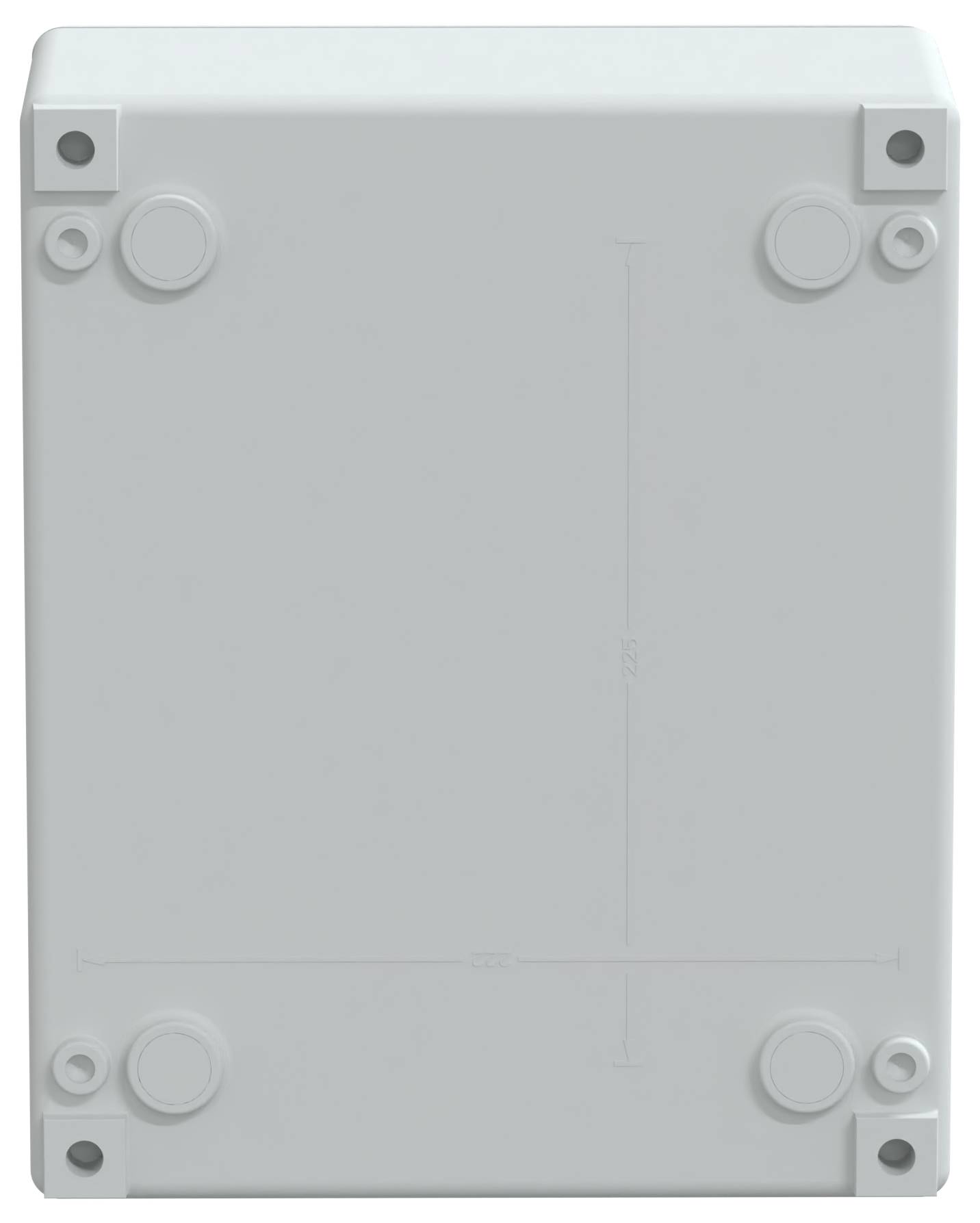 Een rechthoekige witte elektrische verdeeldoos met vier schroefgaten op elke hoek en cirkelvormige inkepingen op zijn oppervlak.