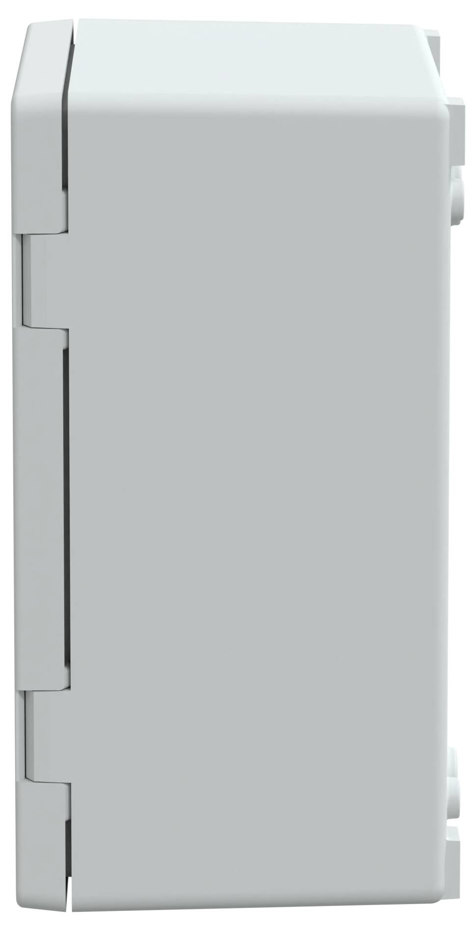 Zijaanzicht van een gesloten rechthoekige grijze utiliteitskoppeldoos met scharnieren, gebruikt voor het huisvesten van elektrische aansluitingen.