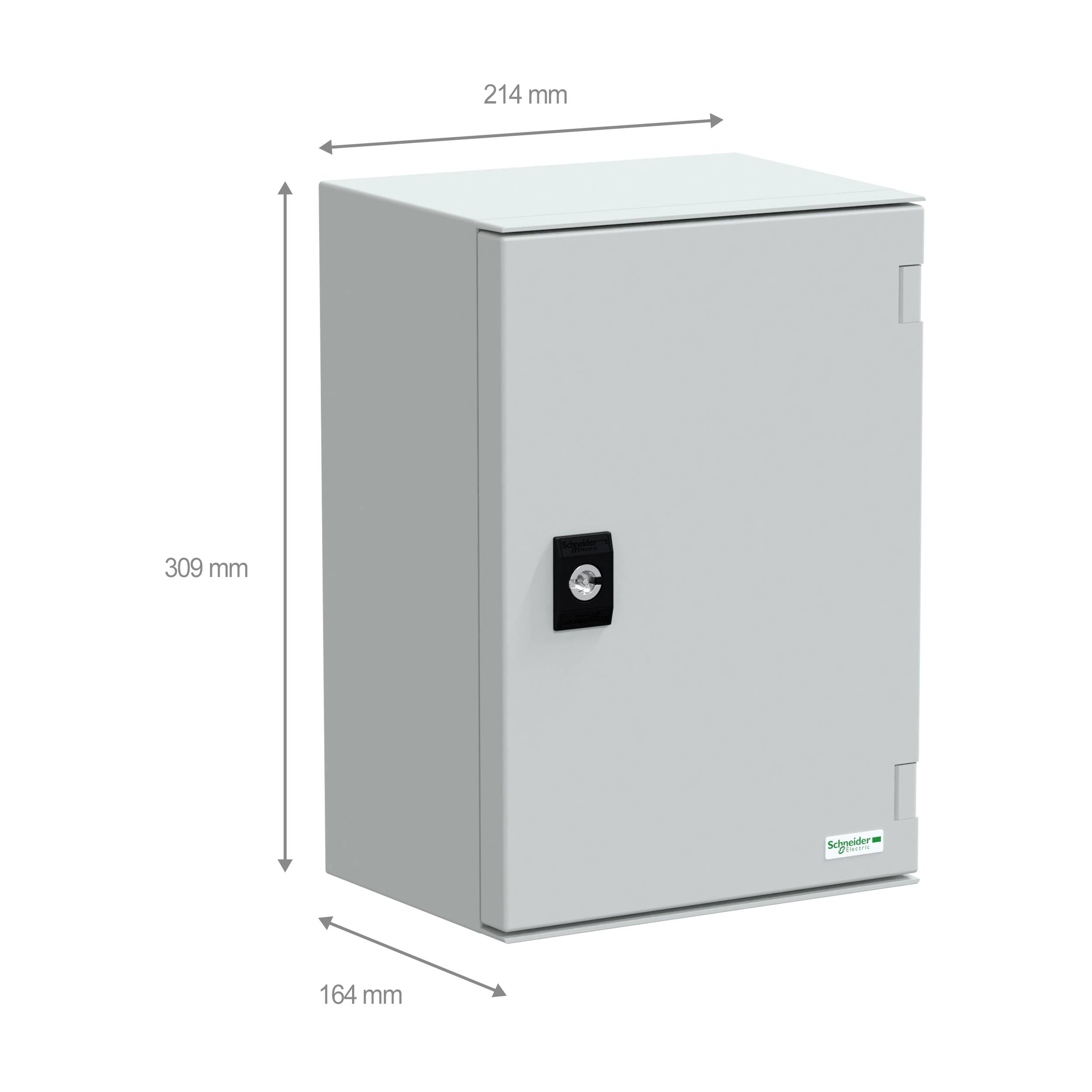 Een rechthoekige, grijze elektrische behuizing met een zwarte handgreep, met afmetingen van 214 mm breed, 309 mm hoog en 164 mm diep.