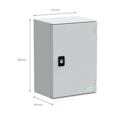 Een rechthoekige, grijze elektrische behuizing met een zwarte handgreep, met afmetingen van 214 mm breed, 309 mm hoog en 164 mm diep.