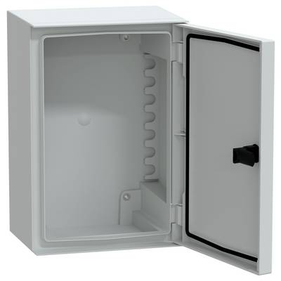 Een lege, open elektrische behuizing met een scharnierdeur en een donkere vergrendeling, geschikt voor het onderbrengen van elektrische componenten of aansluitingen.