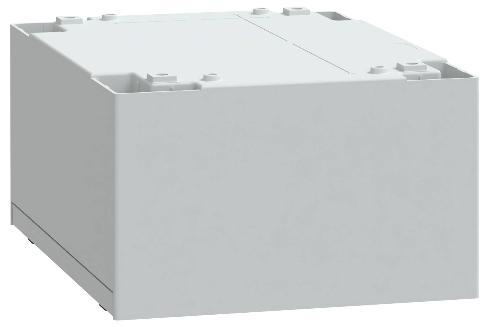 Een grijze, rechthoekige kunststof behuizing met een gladde oppervlakte en gekartelde hoeken, gebruikelijk voor het huisvesten van elektronische componenten.