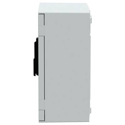 Een witte elektrische apparatuurbehuizing gezien vanaf de zijkant, met een gladde oppervlakte en een zwarte handgreep aan de linkerkant.