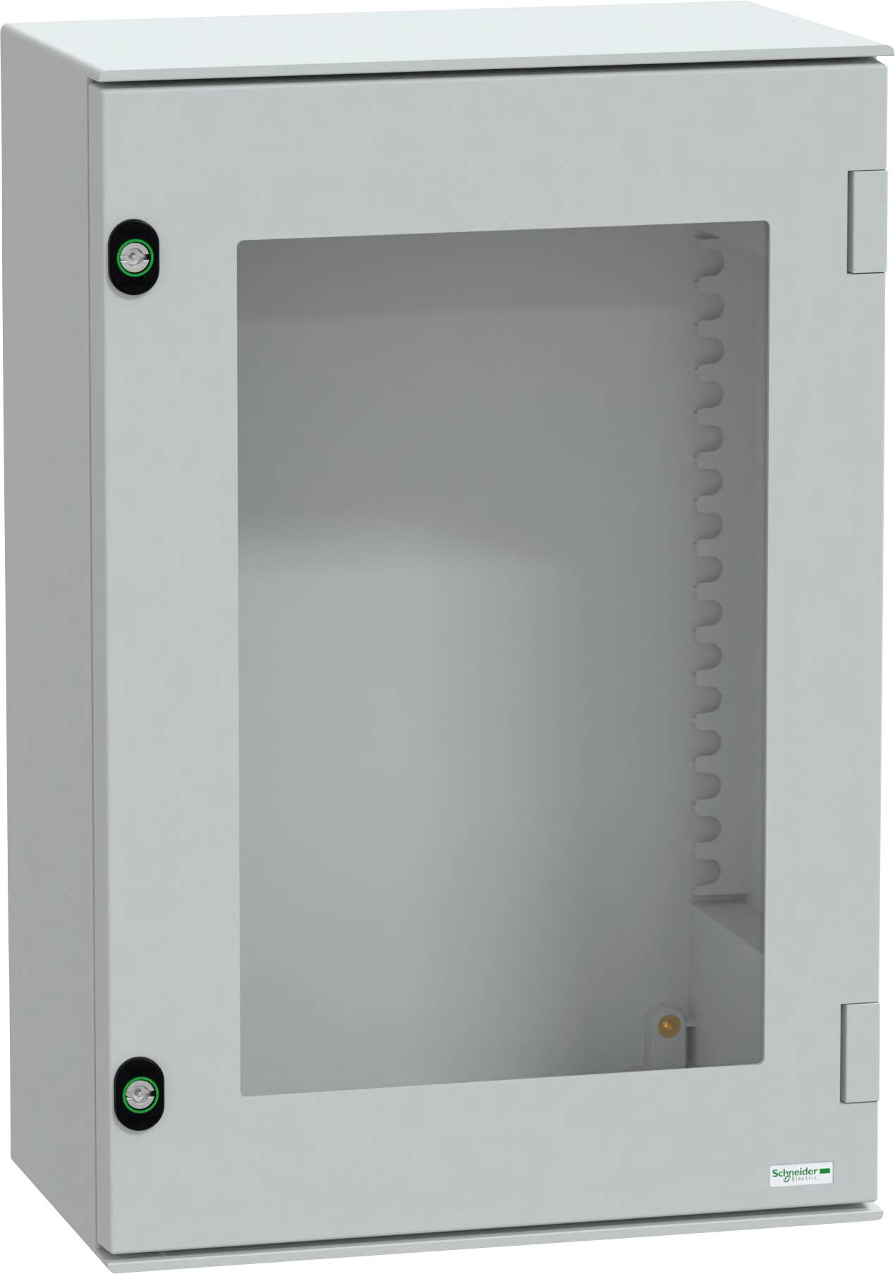 Een grijze, rechthoekige elektrische behuizingskast met een transparante voorkant en twee beveiligde vergrendelingsmechanismen aan de zijkant.