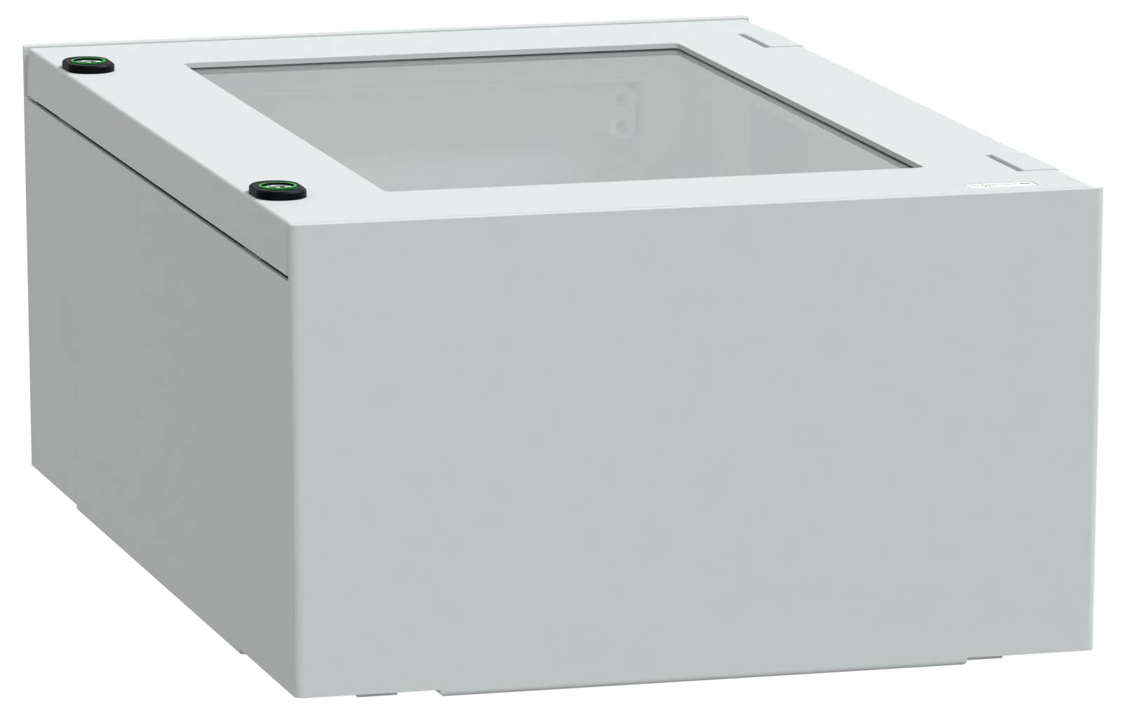 Een vierkaste, witte, tafelvitrinekas met een glazen bovenkant, gebruikt om voorwerpen veilig tentoon te stellen.