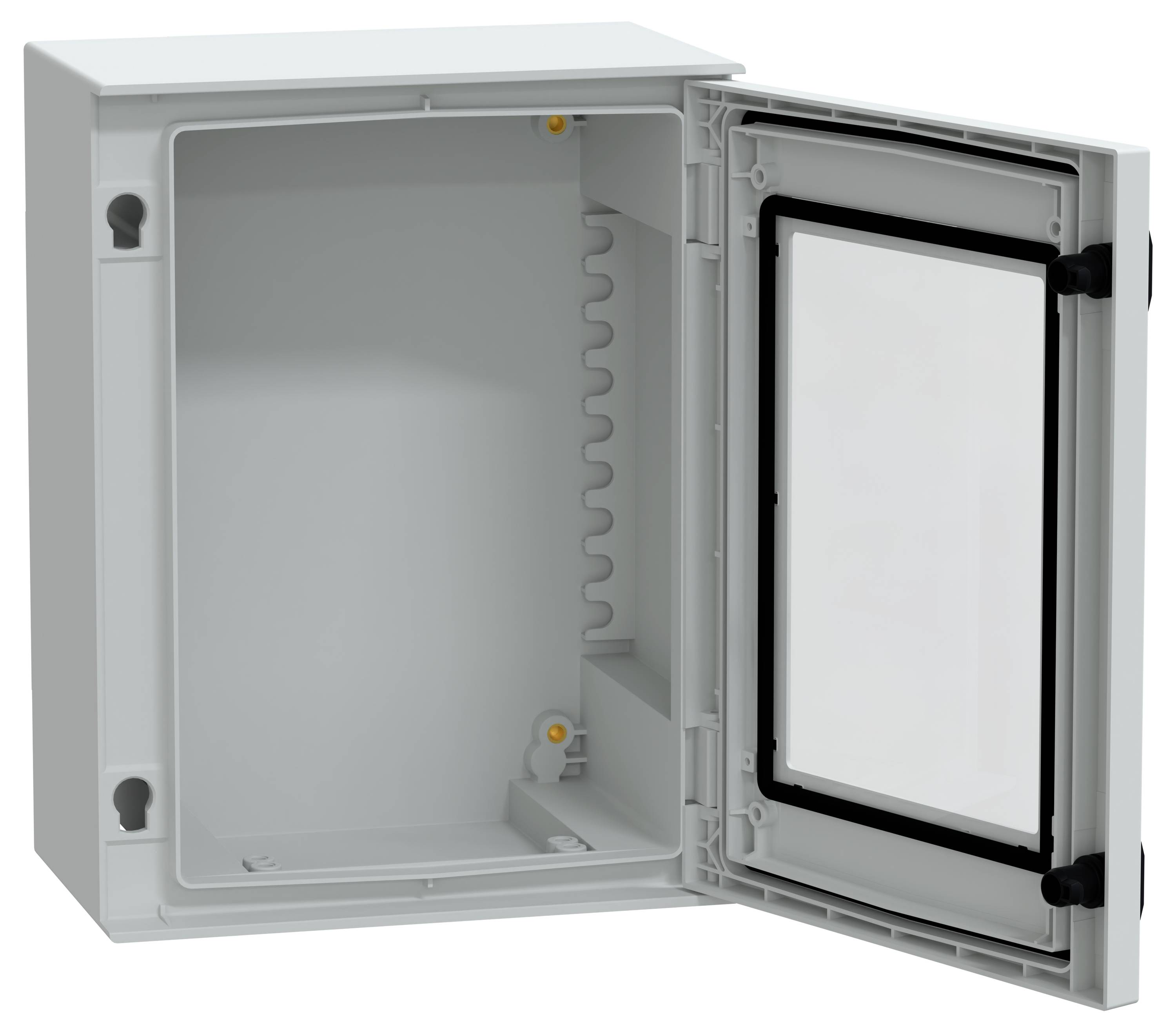Open grijze elektrische verdeelkast met een scharnerende deur. Binnenkant is leeg, toont montagekenmerken en deurafdichtingen voor bescherming.