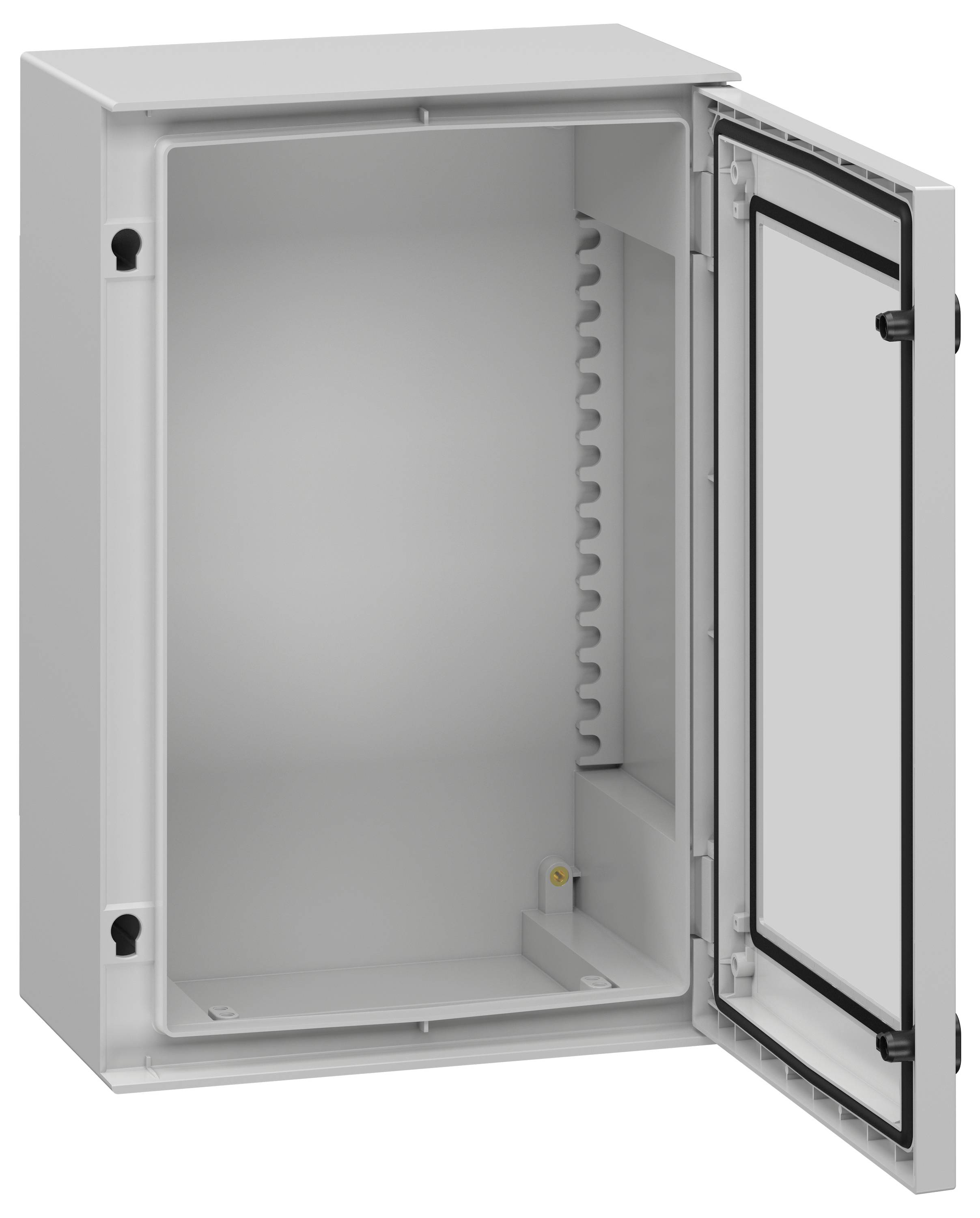 Een open grijze rechthoekige elektrische behuizing met een scharnerende deur en interieur montage-opties weergegeven.