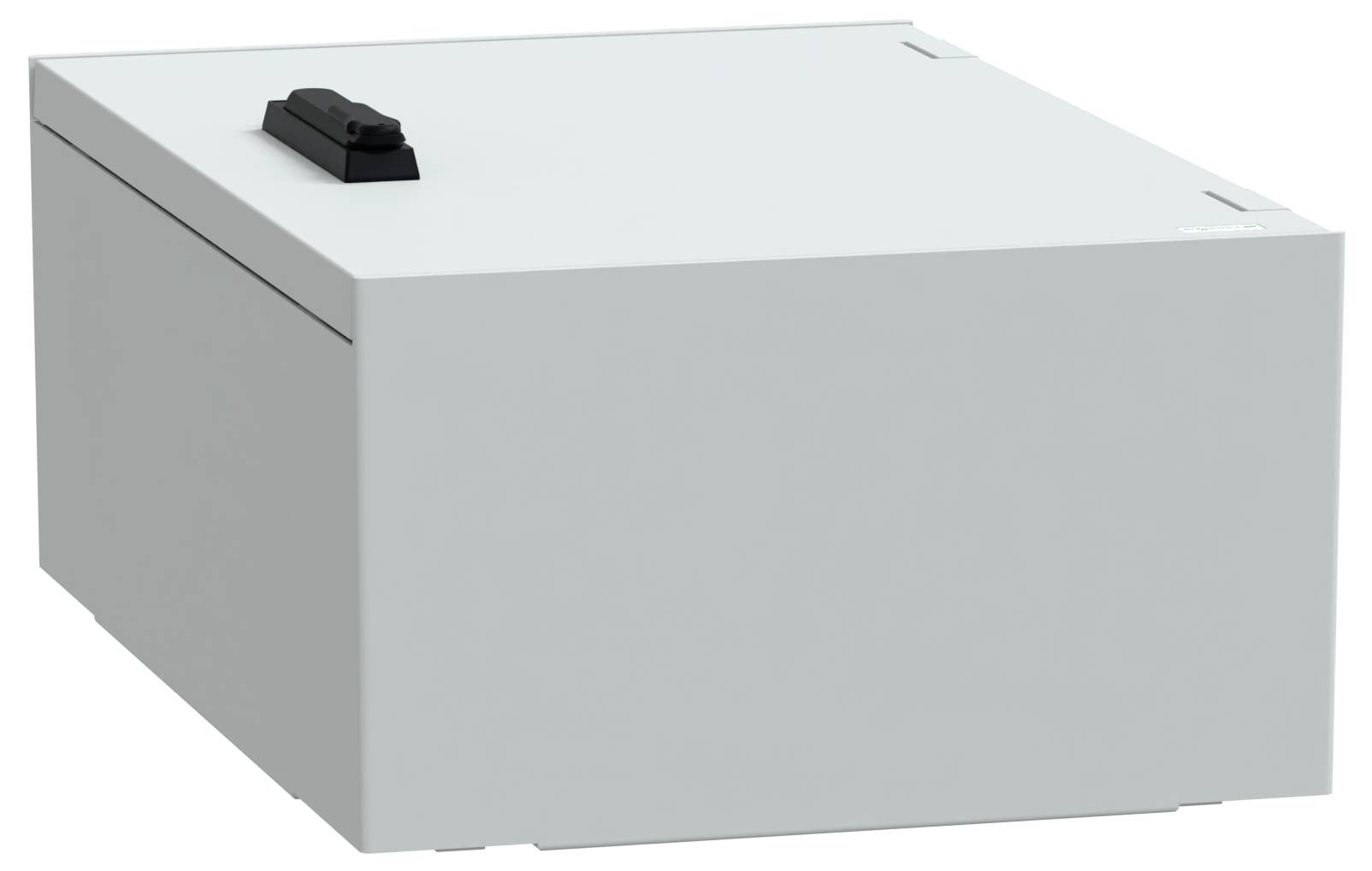 Een witte metalen opbergdoos met een zwarte handgreep aan de bovenkant.