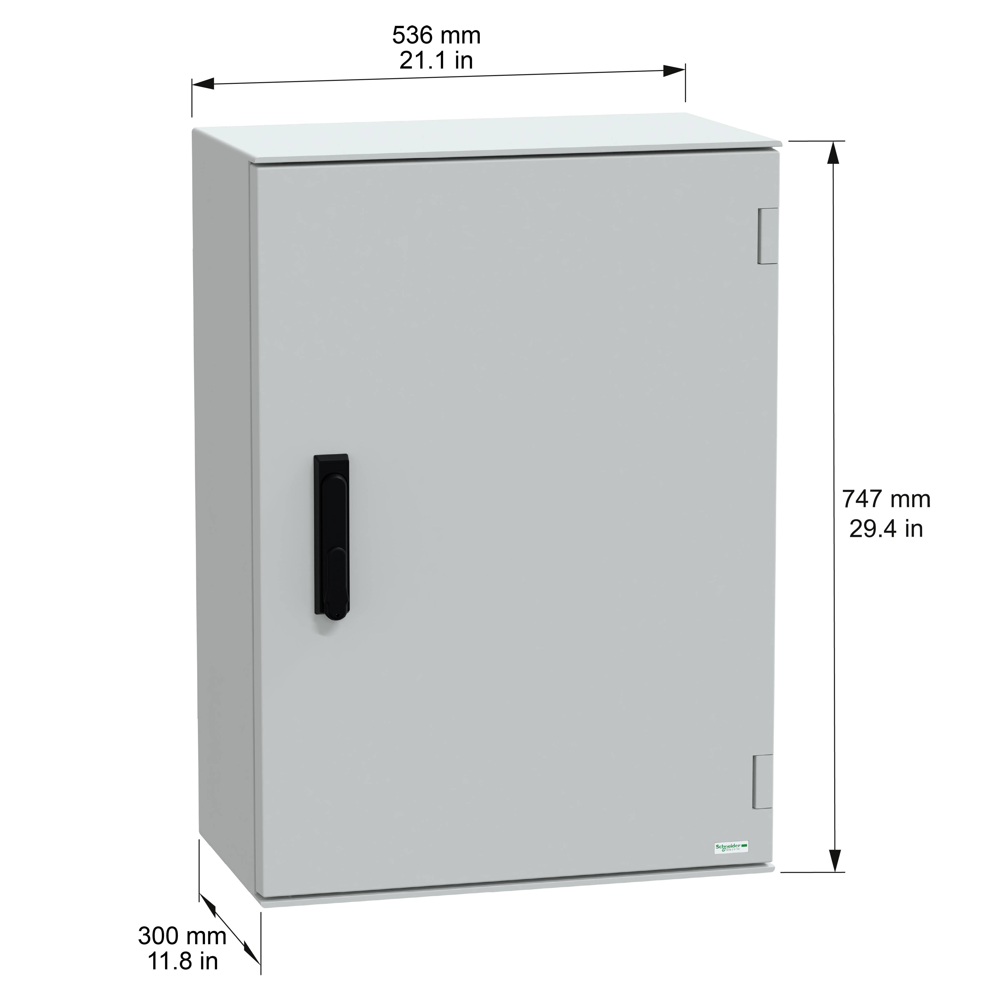 Een grijze metalen kast met een zwarte handgreep, met afmetingen van 536 mm breed, 747 mm hoog en 300 mm diep, weergegeven met afmetingslabels.