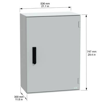 Een grijze metalen kast met een zwarte handgreep, met afmetingen van 536 mm breed, 747 mm hoog en 300 mm diep, weergegeven met afmetingslabels.