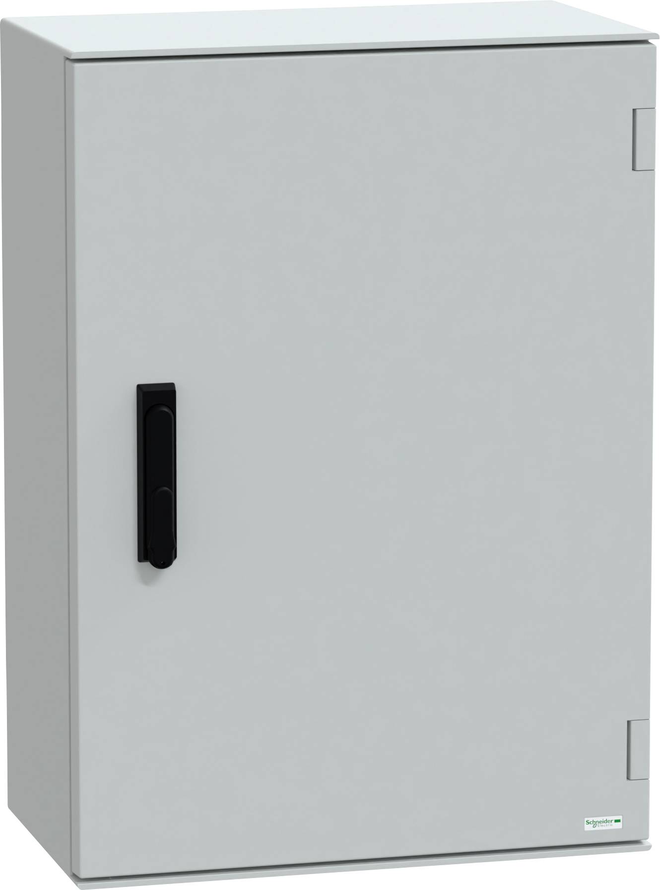 Een grijze elektrische kast met een zwarte handgreep, gesloten, gebruikt voor het huisvesten en beschermen van elektrische componenten.